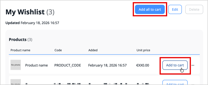 Shopping list product list with highligts on "Add to cart" and "Add all to cart" buttons